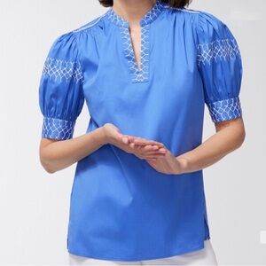 Chico’s Poplin Drama Puff Sleeve Top Blue White Stitching V- Neck Cotton 3 US 16